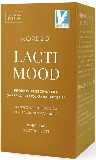 En förpackning med probiotiska kapslar som heter Lacti Mood, i gul-orange färg med text på svenska, för att främja känslomässig balans.