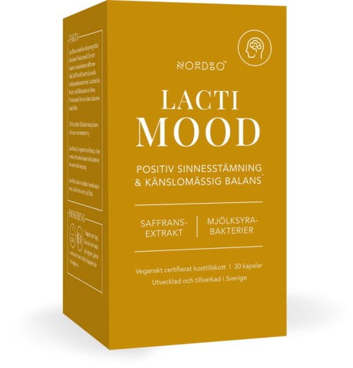 Guldfärgad låda med vit text om en produkt för humör och balans, inklusive naturliga ingredienser och probiotika.