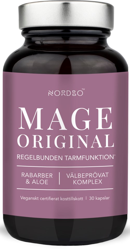 Flaska med lila etikett som säger 'MAGE ORIGINAL' och innehåller hallon och aloe. Passar för tarmhälsa, 30 kapslar.