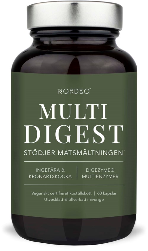 En mörk flaska med silverlock, grön etikett och vit text med ordet 'MULTI DIGEST' och andra detaljer.