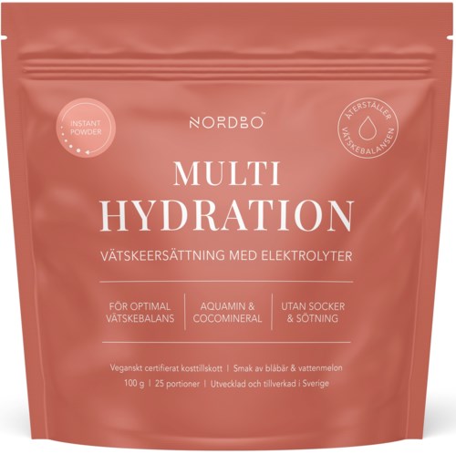 Rosa Verpackung mit Hydrationspulver, Text und Symbolen, fördert Elektrolyte ohne Zucker.