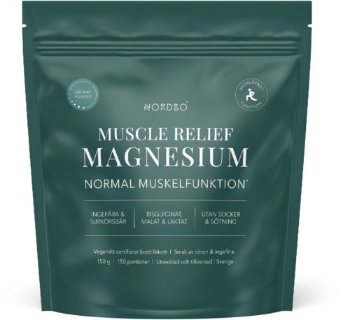 Grön förpackning av magnesiumtillskott för muskelavslappning med text på svenska om ingredienser och fördelar.