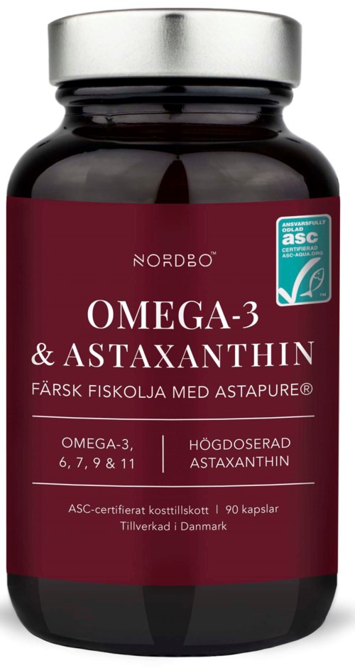 A dietary supplement bottle labeled 'Omega-3 & Astaxanthin' with details about its content and manufacturing in Denmark.