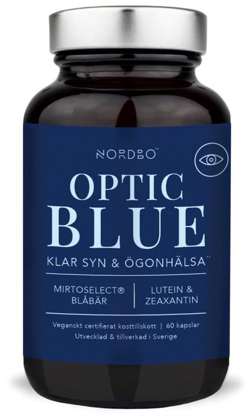 En mørk flaske med blå etikett kalt 'Optic Blue' for øyehelsetilskudd, med en sølvhette.