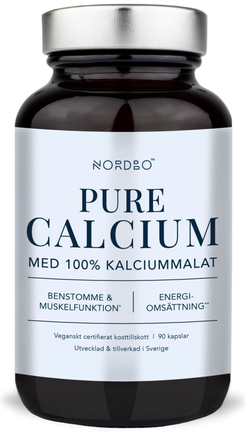 A black bottle with a silver lid labeled 'Pure Calcium' from Nordbo, includes information about benefits and quantity.