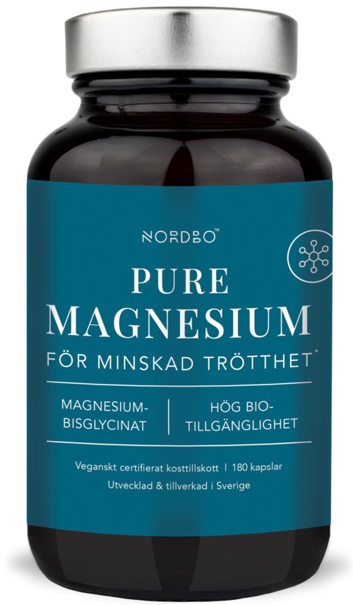 Bottle of magnesium supplement named 'Pure Magnesium' that helps reduce tiredness, with 180 capsules made in Sweden.