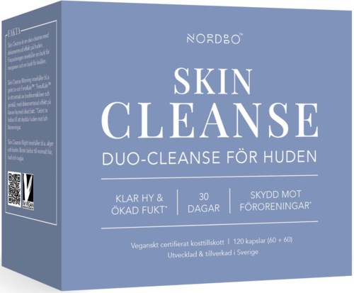 Blå box märkt Nordbo Skin Cleanse med produktuppgifter och ikoner för 30 dagars användning och skydd mot föroreningar.