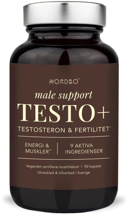 Et kosttilskuddflask merket Testo+ for mannlig støtte, med 90 kapsler og informasjon om ingredienser og fordeler.