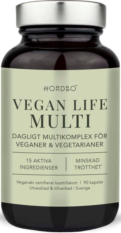 A bottle labeled 'Vegan Life Multi' for vegans and vegetarians, says it has 15 active ingredients, reduces tiredness.