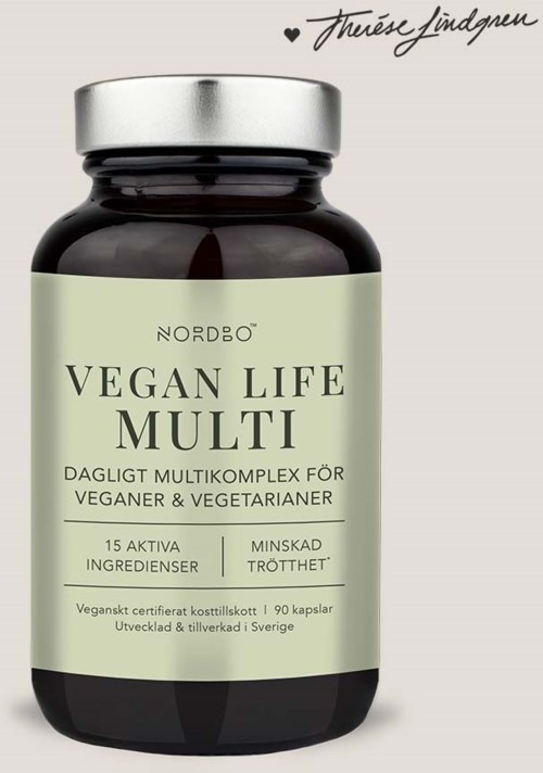 Vegan supplement bottle with 15 ingredients, aimed at vegans and vegetarians, reduces fatigue.