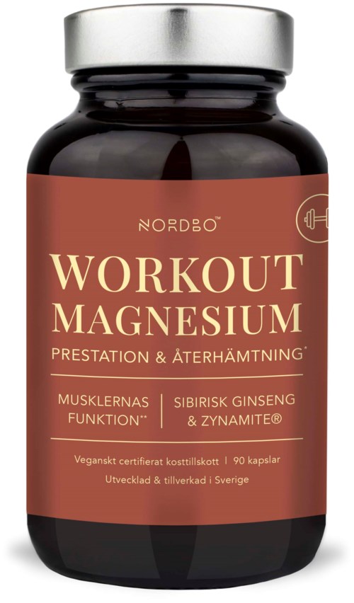 Black bottle with a rust-colored label, white lid, and text promoting magnesium for workouts and muscle function.