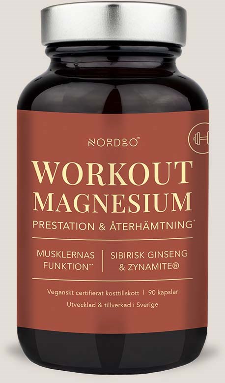 A black bottle with a red label. The label says 'Workout Magnesium' and lists ingredients like ginseng. It has a silver cap.