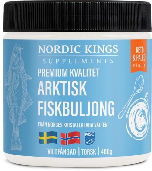 Blå burk med Arctic fiskbenstillskott och svenska och norska flaggor på etiketten.