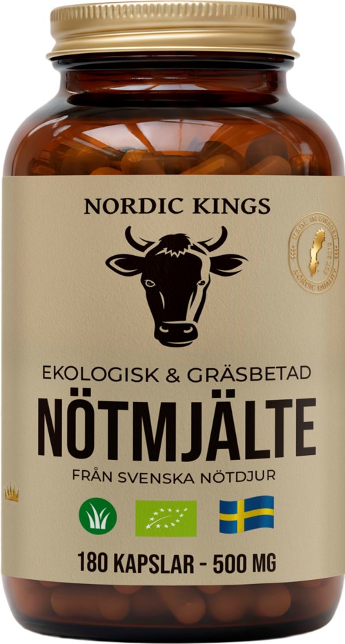 Nordic Kings ekologiskt gräsbetat nötköttslivertillskott i en brun flaska med en beige etikett med en tjurlogo.