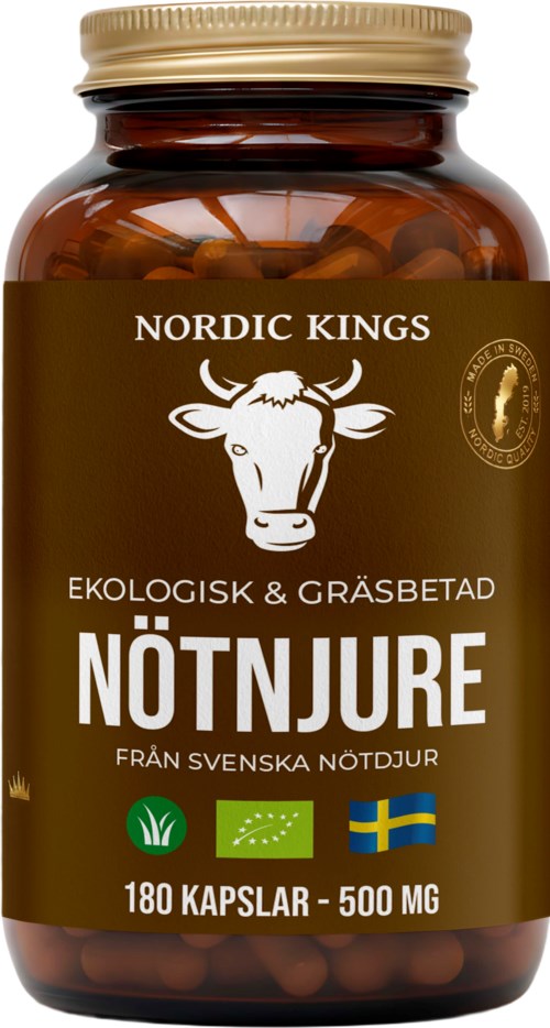 En brun burk med Nordic Kings ekologiska och gräsbetade nötterkapslar med svenska flaggan och miljömärken på förpackningen.