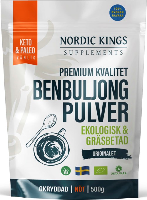 Förpackning med ekologiskt barley grass-pulver från Nordic Kings Supplements, 500g, glutenfritt, vegan, med svenska och ekologiska ikoner.