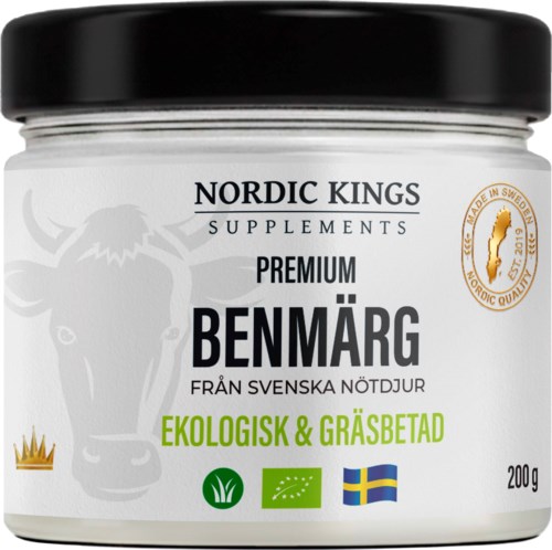 Benmärgsupplysning i burk med svart lock, märkt som ekologisk och gräsbetad, från Sverige, 200g.