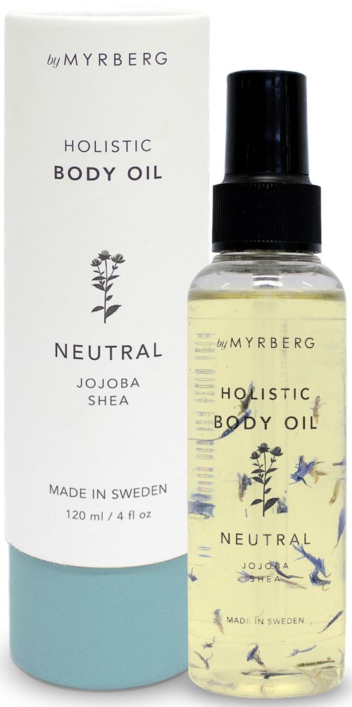 Eine transparente Pumpspenderflasche mit Körperöl und schwarzem Deckel, neben einer weißen Box mit Text und Pflanzenillustrationen.