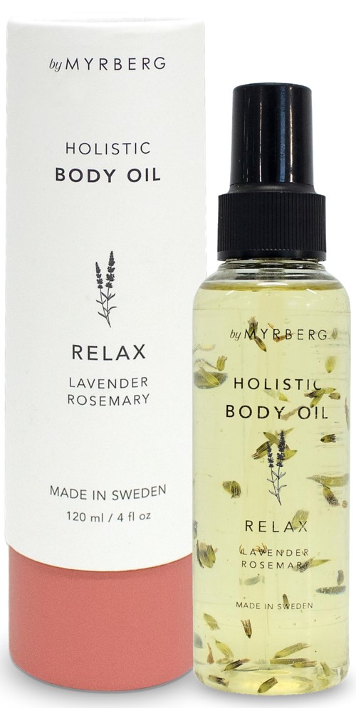 Sprühflasche mit Lavendel- und Rosmarin-Körperöl mit weißer Verpackung. Auf dem Etikett steht "Relax" und "Made in Sweden."