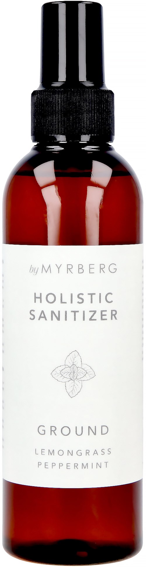 Kleine braune Sprühflasche mit 'Holistic Sanitizer'-Aufkleber, enthält Zitronengras und Pfefferminze.