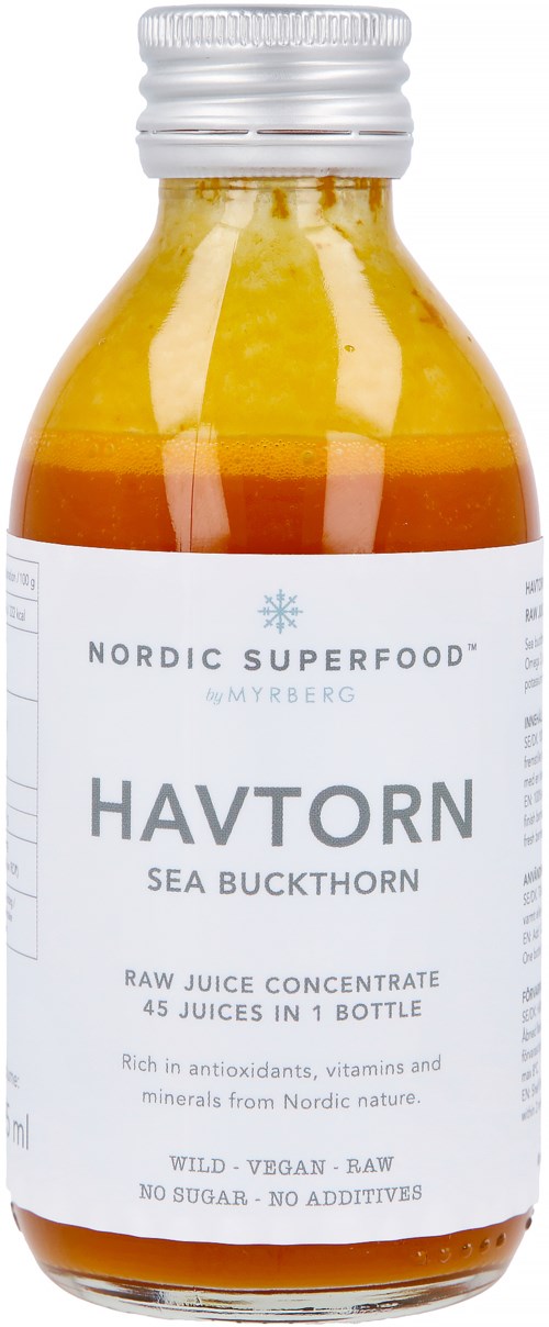 A small bottle of sea buckthorn smoothie juice labeled "Havtorn" from Nordic Superfood, with a white cap.