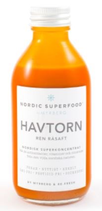 Orange bottle with a white label saying 'Havtorn' and 'Nordic Superfood' in the center.
