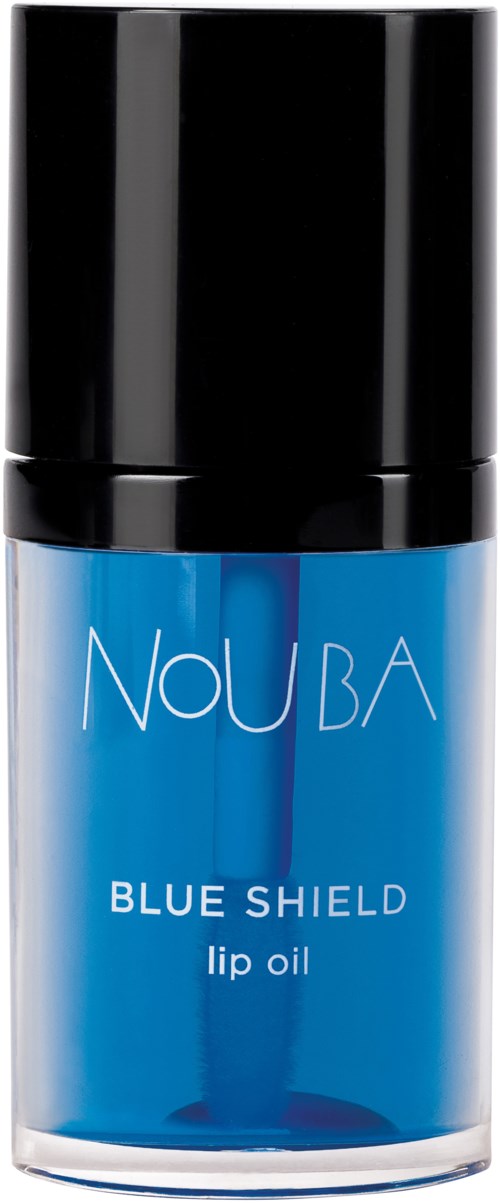 A blue lip oil bottle with a black cap, labeled "NOU BA" and "BLUE SHIELD".