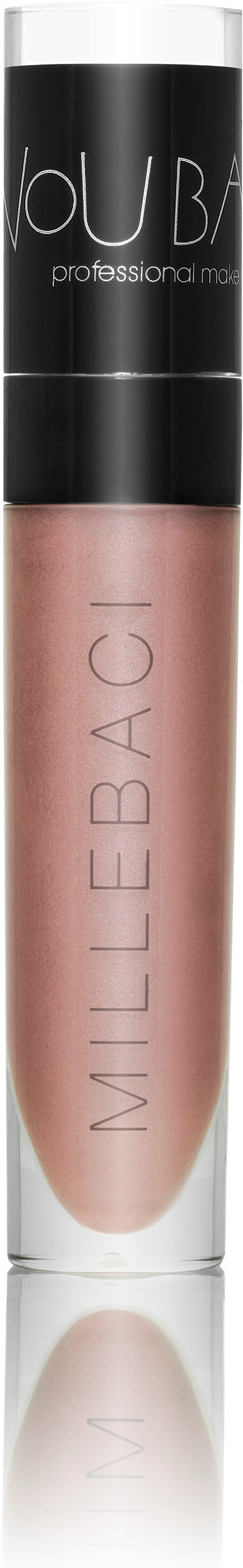 A lip gloss tube with a black cap and clear body, showing pinkish gloss inside, with brand names on the cap.