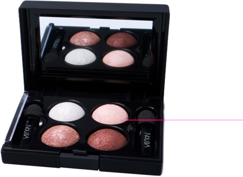 A makeup palette with four shimmery and matte eyeshadows, a mirror, and a small brush.
