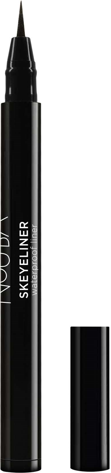 A black pen with a cap, labeled 'SKEYE LINER,' is shown with the cap removed revealing a fine tip.
