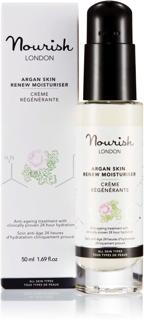 Ein Hautpflegeprodukt von Nourish London mit Namen Argan Skin Renew Moisturiser, Flasche und Verpackung, hauptsächlich weiß und schwarz.