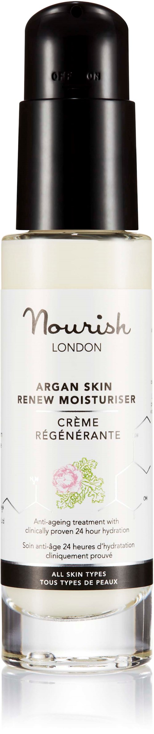 Eine Hautpflegeflasche namens Nourish London mit Arganöl, für alle Hauttypen, in klarem Behälter mit schwarzem Deckel.