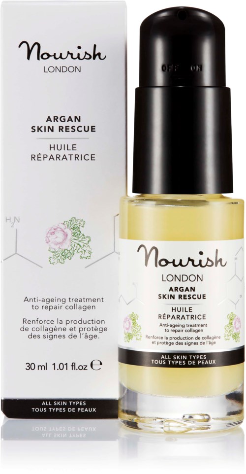 Eine kleine Flasche Nourish London Argon Skin Rescue Öl mit einer weißen Verpackung im Hintergrund. Die Flasche ist durchsichtig mit schwarzem Deckel.