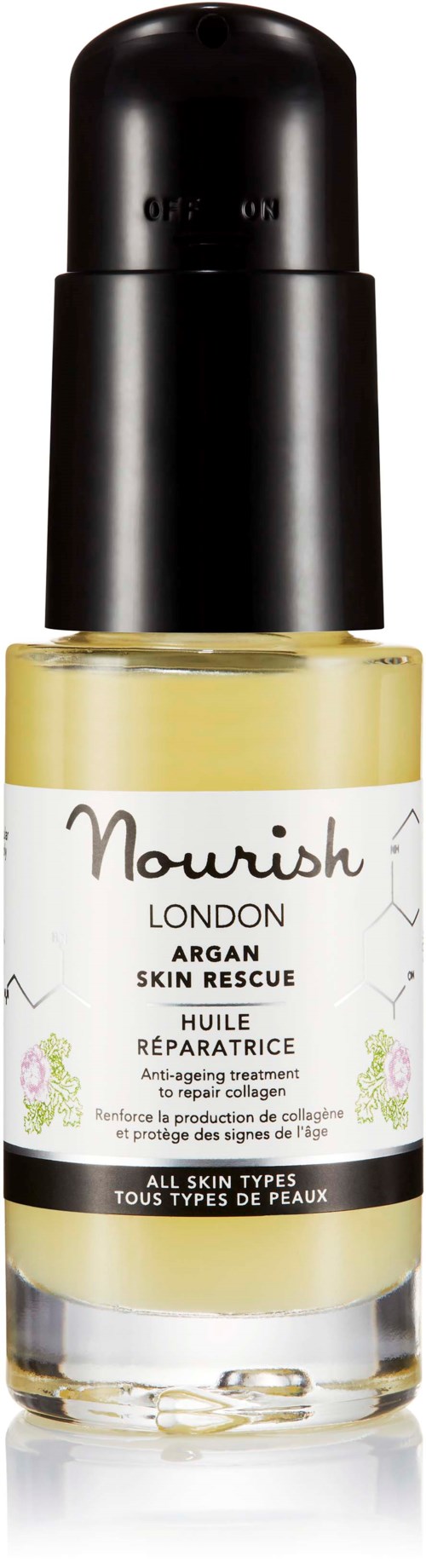 Eine kleine Flasche Nourish London Argan Skin Rescue Öl für alle Hauttypen.