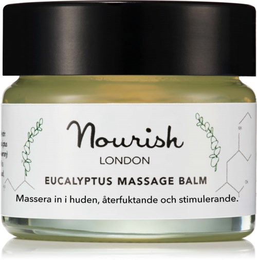 Ein Glas mit Eukalyptus-Massagebalsam von Nourish London, mit schwarzen Deckel und weißem Etikett, für Hautmassage.