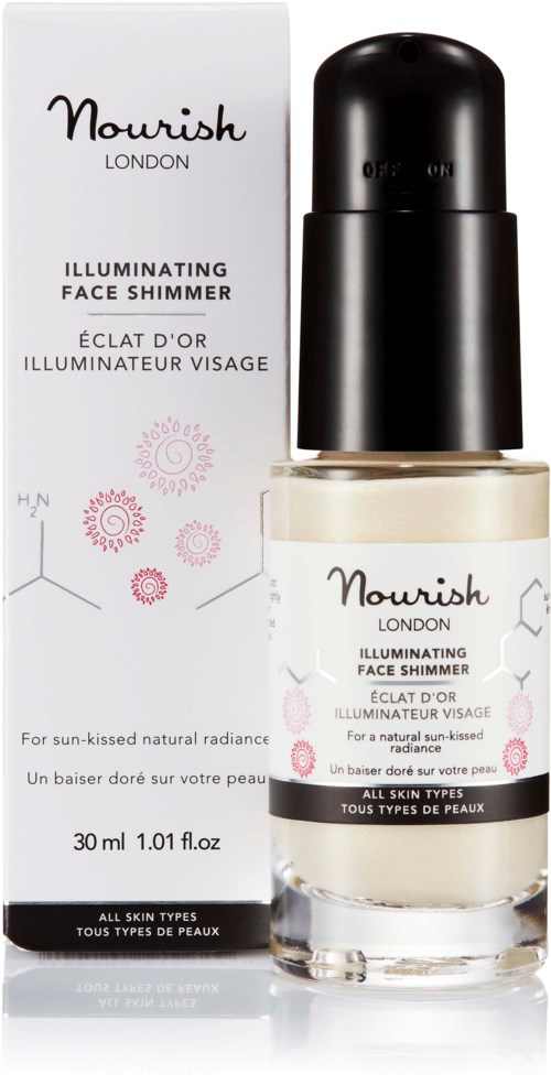 Eine kleine, klare Flasche mit schwarzem Deckel, beschriftet 'Nourish London', steht neben einer weißen Verpackung mit pinken und schwarzen Texten.