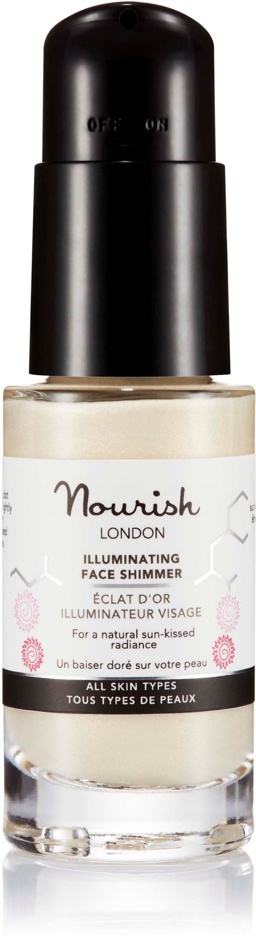Eine kleine Flasche mit schwarzem Deckel, gekennzeichnet Nourish London aufhellendes Gesichts-Shimmer für alle Hauttypen.