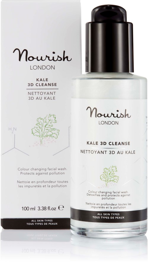 Eine Hautpflegeflasche und Box, beschriftet Nourish London Kale 3D Cleanse, mit grünem Blattsymbol, für alle Hauttypen.