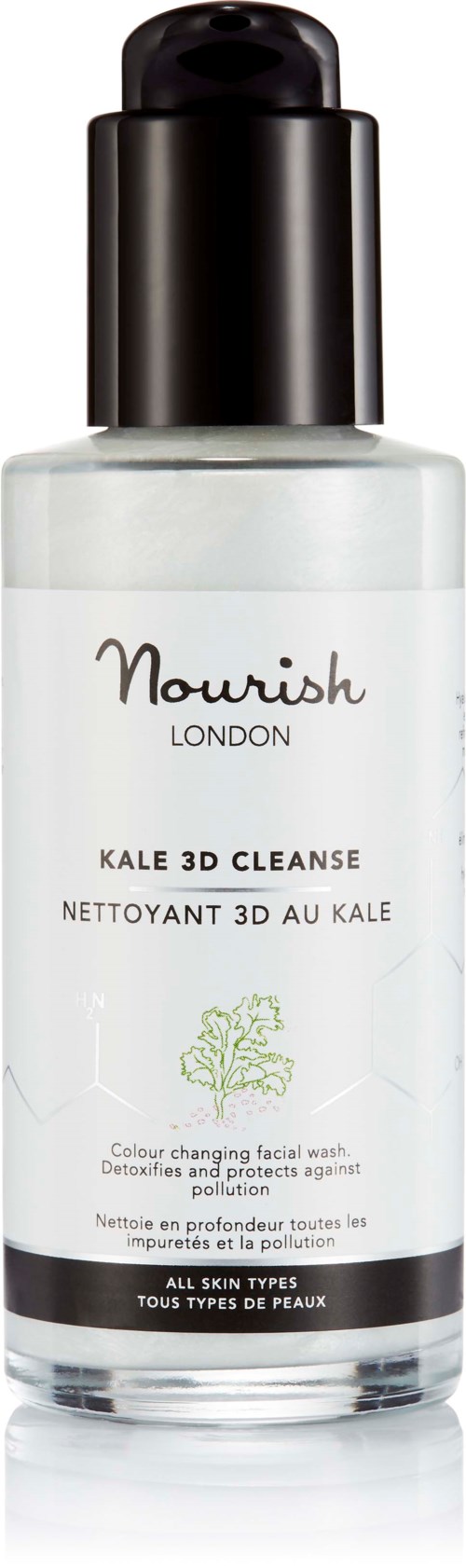 Eine weiße Flasche mit Gesichtsreiniger und schwarzem Deckel, beschriftet "Kale 3D Cleanse" von Nourish London, für alle Hauttypen.