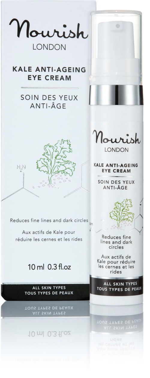 Eine weiße Verpackung und eine passende weiße Tube zeigen Nourish Londons Kale Anti-Aging Eye Cream mit einfachem Text und einem kleinen Baumillustration.