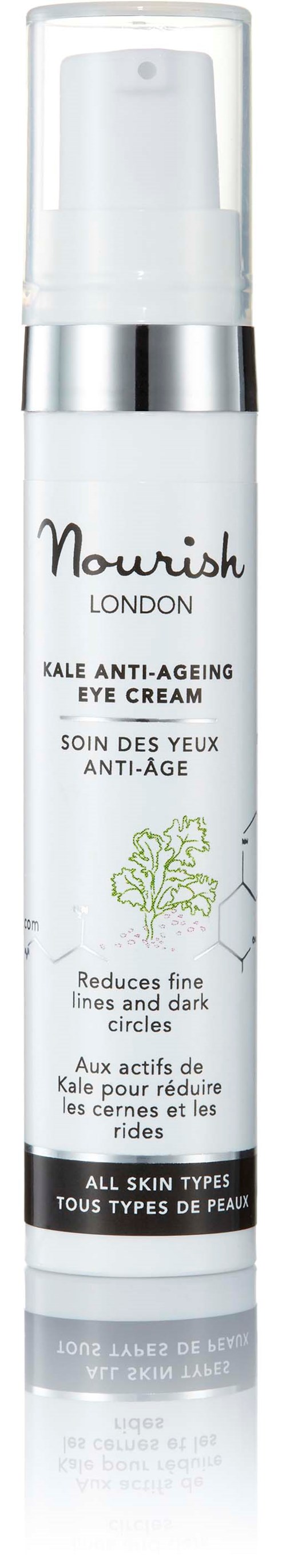 Ein weißer Tuben mit Nourish London Kale Anti-Age Augencreme, Silberstreifen und Pumpe.