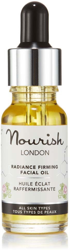 Kleine Flasche mit Gesichtsöl und schwarzem Tropferverschluss, etikettiert Nourish London Radiance Firming Facial Oil.