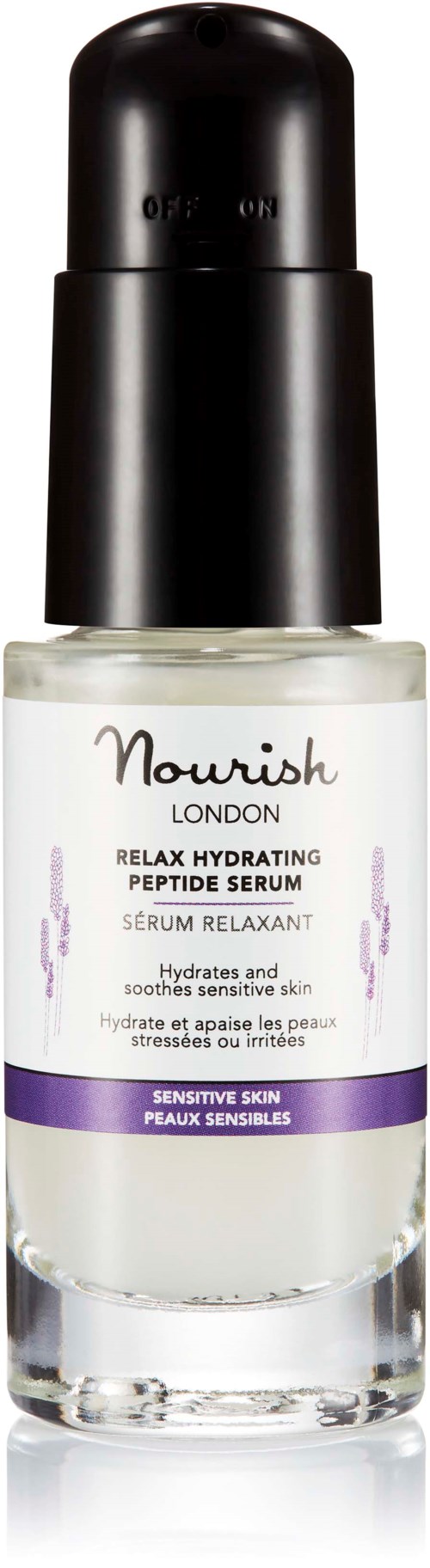 Kleine Glasflasche mit schwarzem Deckel, beschriftet 'Nourish London' für ein hydratisierendes Peptidserum für empfindliche Haut.