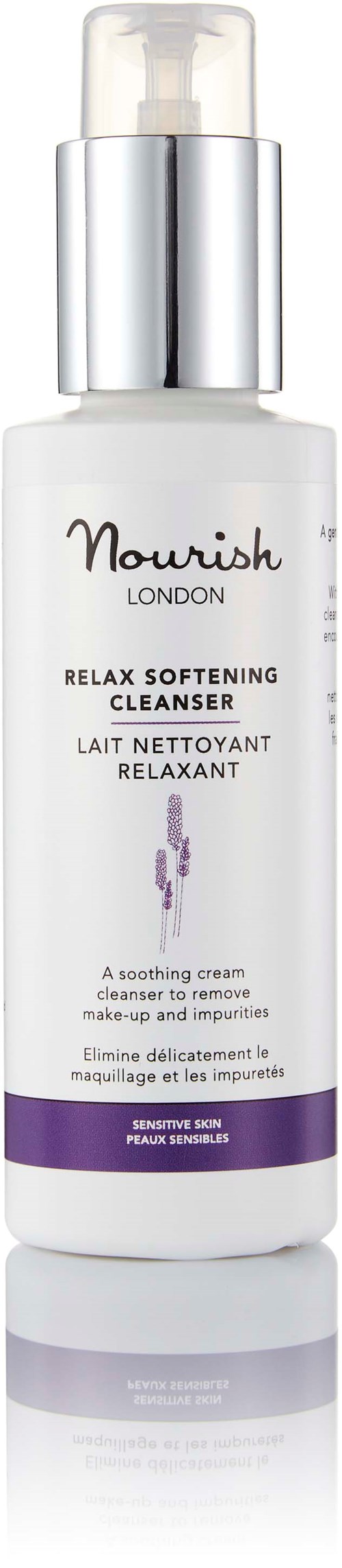 Eine weiße Flasche mit Pumpe, gekennzeichnet Nourish London, Relax Softening Cleanser für empfindliche Haut.