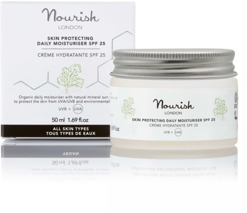 Nourish London Hautpflegecreme mit SPF 25, schützt die Haut, geeignet für alle Hauttypen, in einem weißen Behälter und Box.