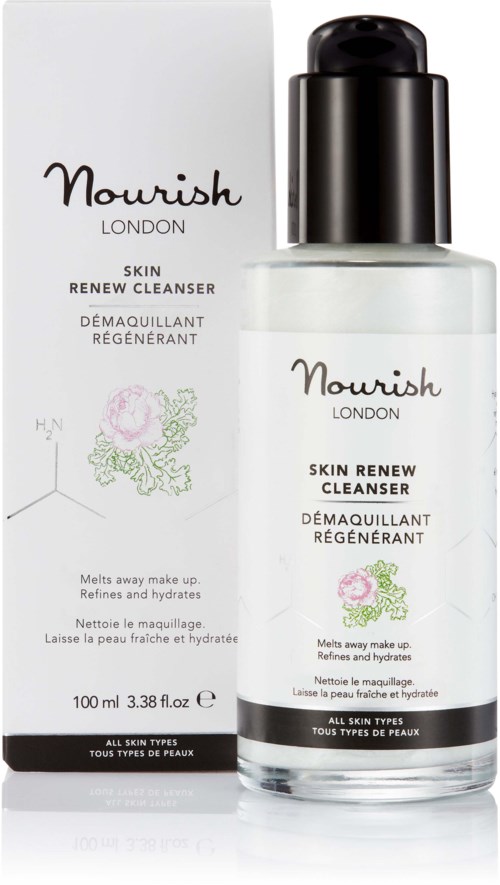 Ein Hautpflegeprodukt mit weißer Verpackung und klarer Flasche, beschriftet mit Nourish London Skin Renew Cleanser.