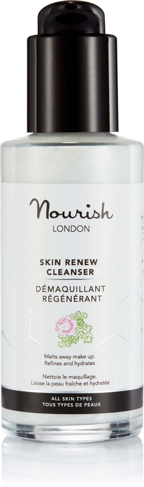Eine klare Flasche mit schwarzem Deckel, bezeichnet 'Nowish London', enthält eine Hautreiniger für alle Hauttypen.