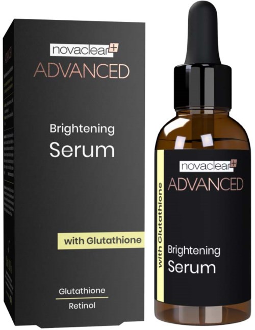 Serumflasche und Verpackungsaufkleber für Novaclear Advanced Brightening Serum mit Glutathione. Fokus auf Hautpflegeinhalte und Verpackung.