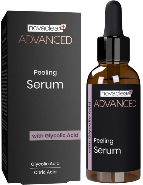 En box och liten flaska med peelingen serum med glykolsyra och citronsyra. Förpackningen är svart med lila och vita texter.