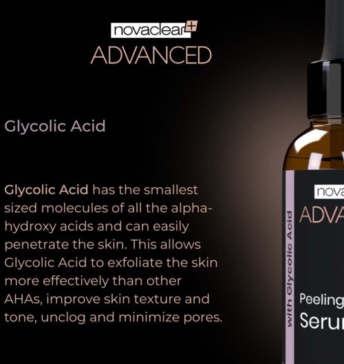 En hudvårdsserumflaska märkt 'Glycolic Acid' med information om dess fördelar och små molekylstorlek.